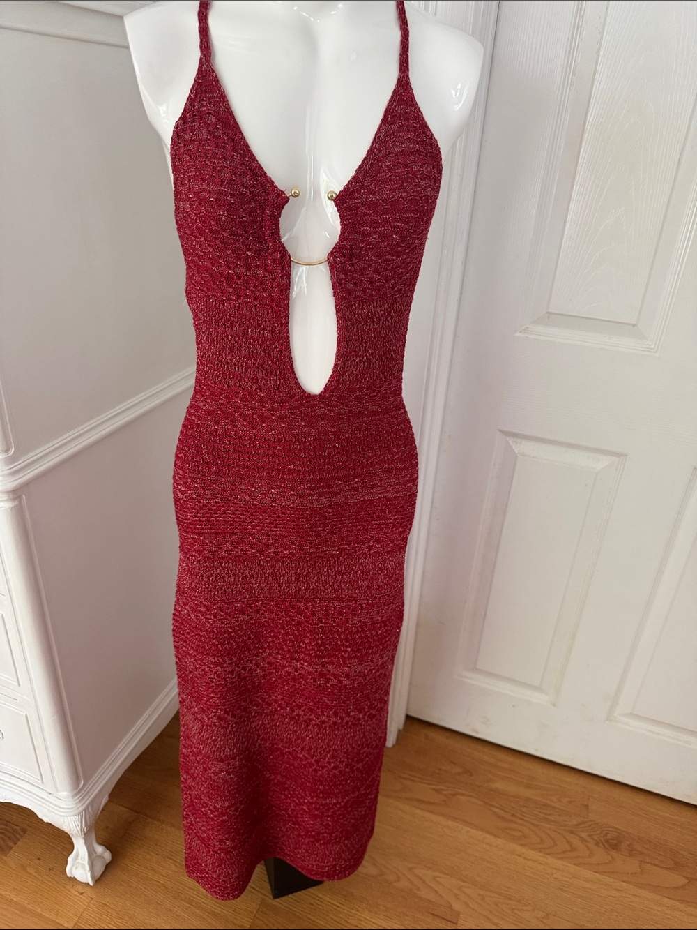 Zara Red Knit Halter Maxi Dress with Ring Detail